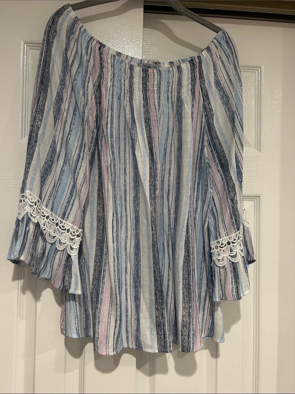 Striped Off-Shoulder Tunic Top in Blue and Pink